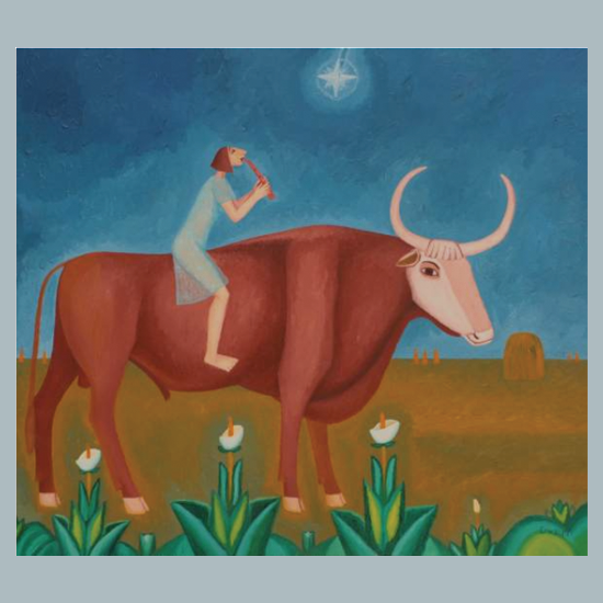 A woman riding in a bull looking at the stars