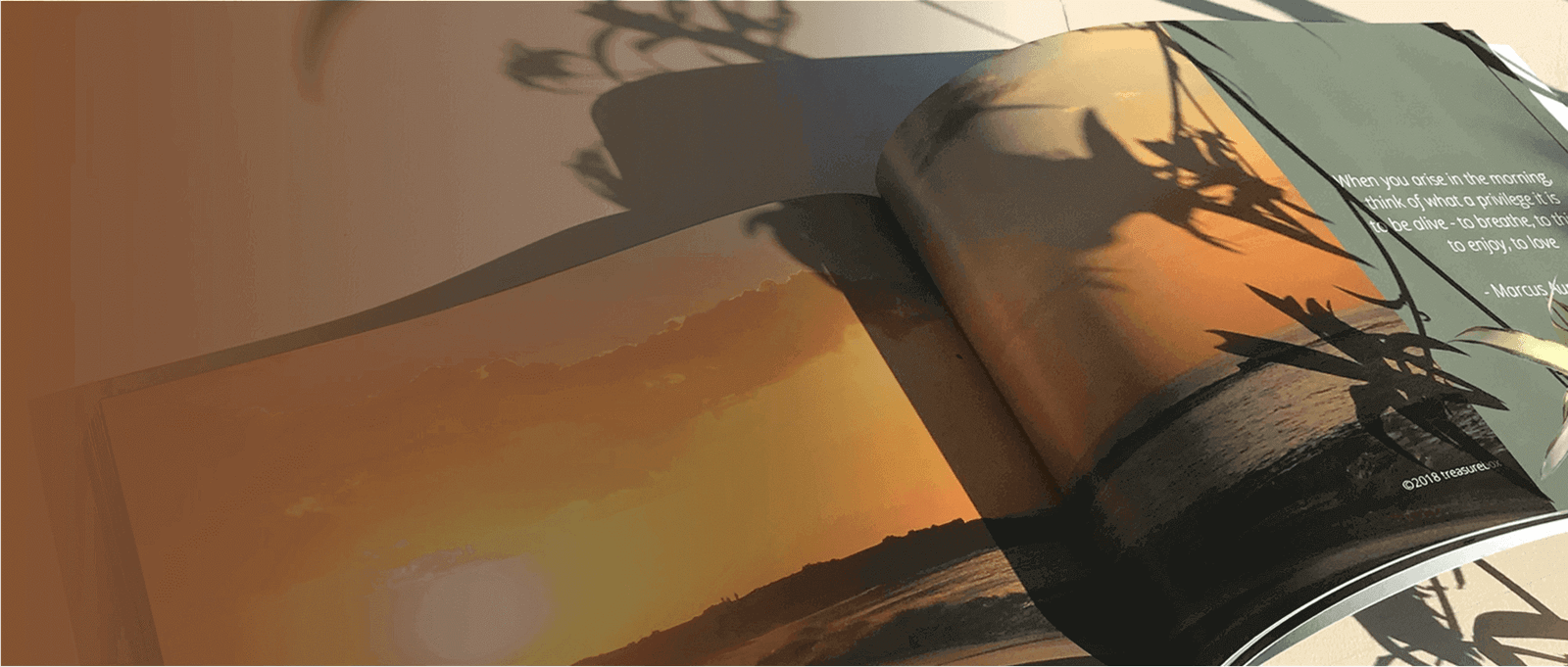An elegant inside-page photobook design in a tranquil setting captures the beauty of morning sunlight.