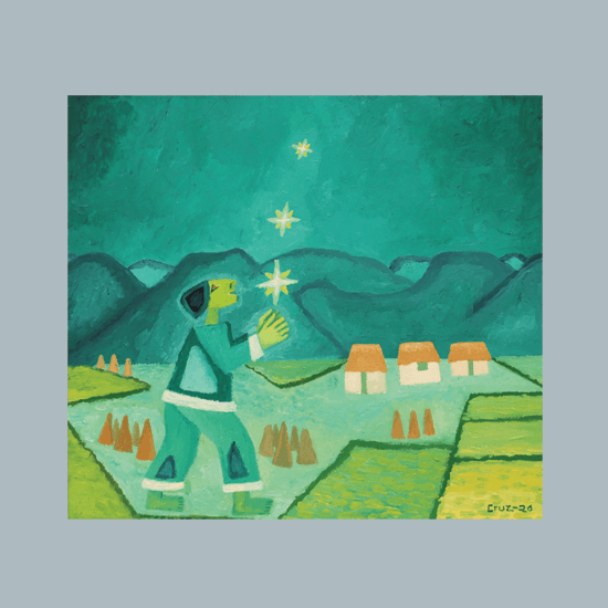 A male figure in the rice field looking at the stars