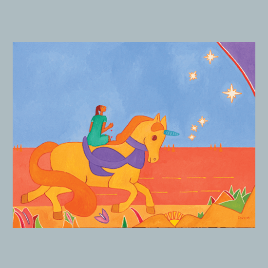 A female in green clothes riding in a unicorn