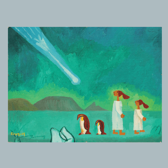 Two women looking through a passing comet from the sky